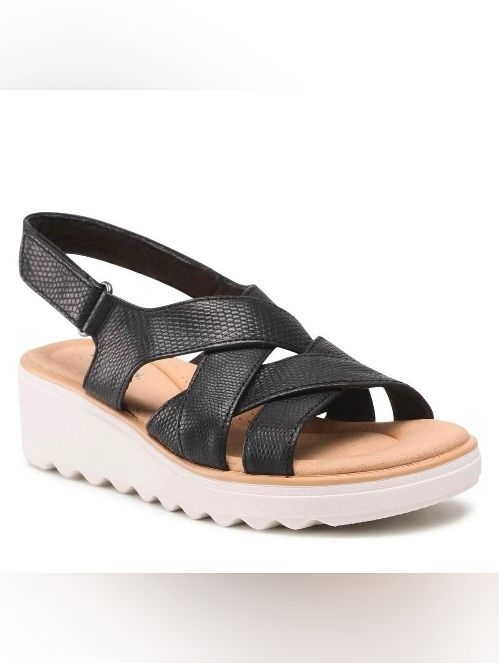 Clarks Size 7W Jillian Black Leather Strappy Wedge Sandal - Black, With Box